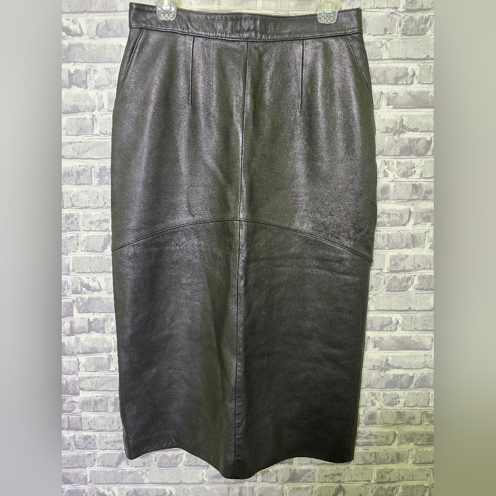 Vintage Pelle Cuir Black Leather Midi Pencil Skirt Size 16